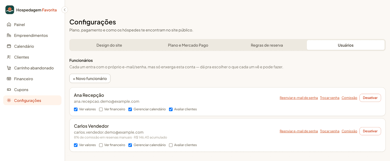 Lista de funcionários com permissões e comissão